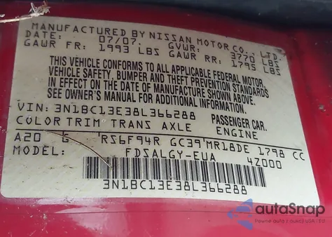 2008 Nissan Versa 1.8Sl from USA, damaged, VIN 3N1BC13E38L366288